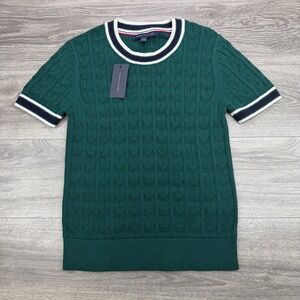 Tommy Hilfiger Womens Medium Green Cable Knit Short Sleeve Sweater Top Preppy